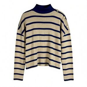NWT Ann Taylor Weekend Tan & Navy Blue Mock Neck Striped Sweater - L $98 Retail